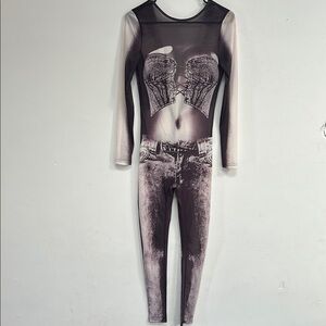 Sheer Black and Gray Graphic Bodysuit